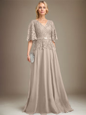 A-line V-Neck Floor-Length Chiffon Lace Mother of the Bride Dress With Crystal Brooch Rhinestone
