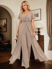 Jumpsuit/Pantsuit V-Neck Floor-Length Chiffon Evening Dress