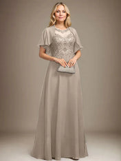 A-line Scoop Illusion Floor-Length Lace Chiffon Mother of the Bride Dress With Sequins