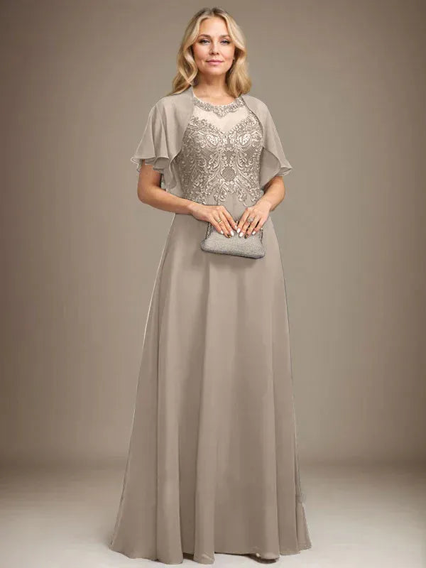 Robe de mère de la mariée trapèze en mousseline de soie et dentelle, longueur au sol, avec décolleté en V et paillettes 