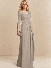 A-line Scoop Illusion Floor-Length Chiffon Lace Mother of the Bride Dress With Beading Sequins Cascading Ruffles