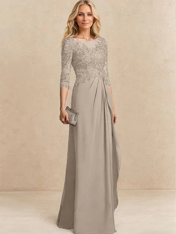 A-line Scoop Illusion Floor-Length Chiffon Lace Mother of the Bride Dress With Beading Sequins Cascading Ruffles