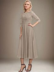 A-line Scoop Tea-Length Lace Chiffon Mother of the Bride Dress With Sequins