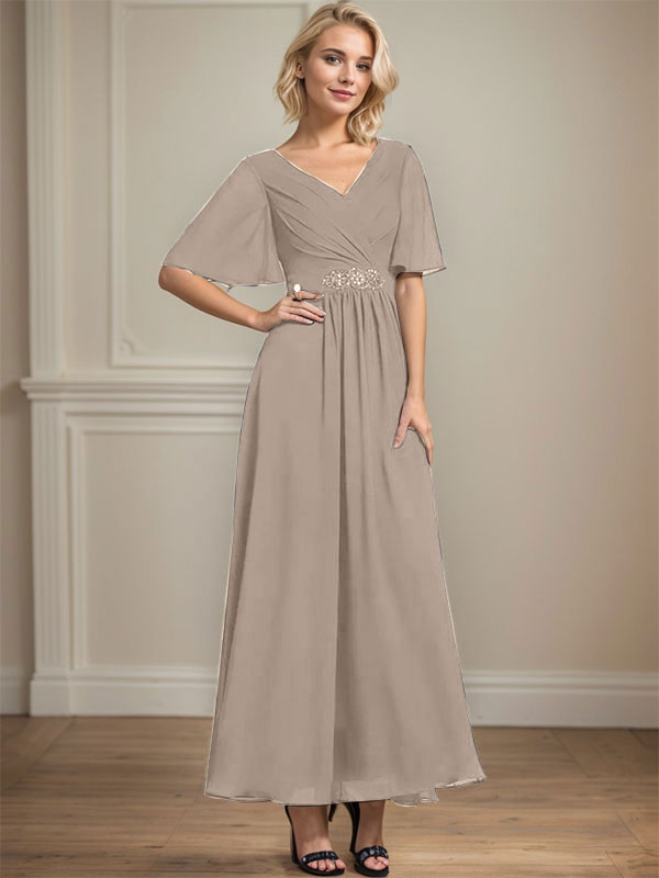 A-line V-Neck Ankle-Length Chiffon Mother of the Bride Dress With Pleated Beading Sequins