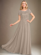 A-Line Scoop Floor-Length Chiffon Mother of the Bride Dress With Applique & Sequins