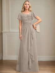A-line Asymmetrical Illusion Floor-Length Lace Chiffon Mother of the Bride Dress With Cascading Ruffles Sequins