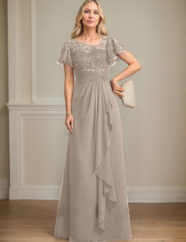 A-line Asymmetrical Illusion Floor-Length Lace Chiffon Mother of the Bride Dress With Cascading Ruffles Sequins