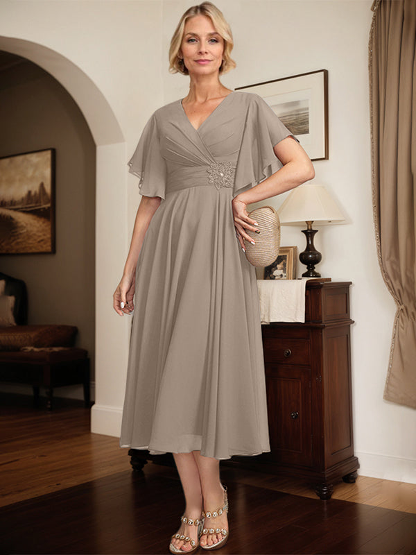 A-line V-Neck Tea-Length Chiffon Mother of the Bride Dress With Pleated Beading