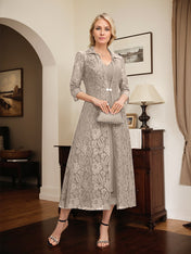 A-line V-Neck Tea-Length Chiffon Mother of the Bride Dress