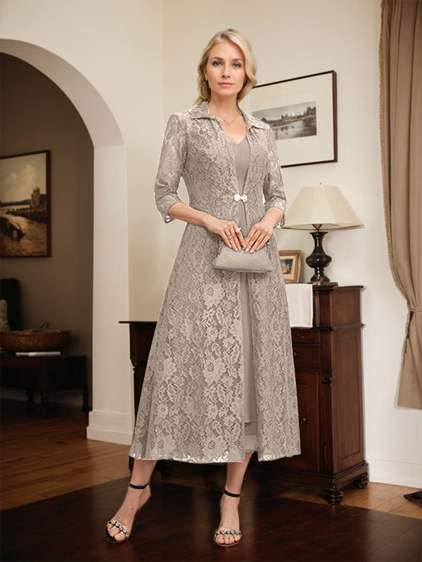 A-line V-Neck Tea-Length Chiffon Mother of the Bride Dress