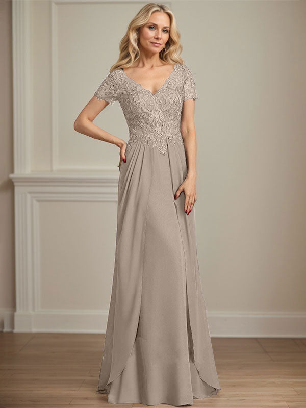 A-line V-Neck Floor-Length Chiffon Lace Mother of the Bride Dress