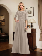 A-line Scoop Illusion Floor-Length Chiffon Lace Mother of the Bride Dress With Pleated Sequins