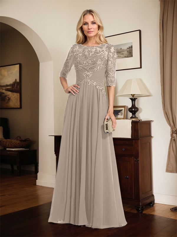A-line Scoop Illusion Floor-Length Chiffon Lace Mother of the Bride Dress With Pleated Sequins