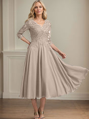 A-line V-Neck Tea-Length Chiffon Lace Mother of the Bride Dress With Beading Sequins