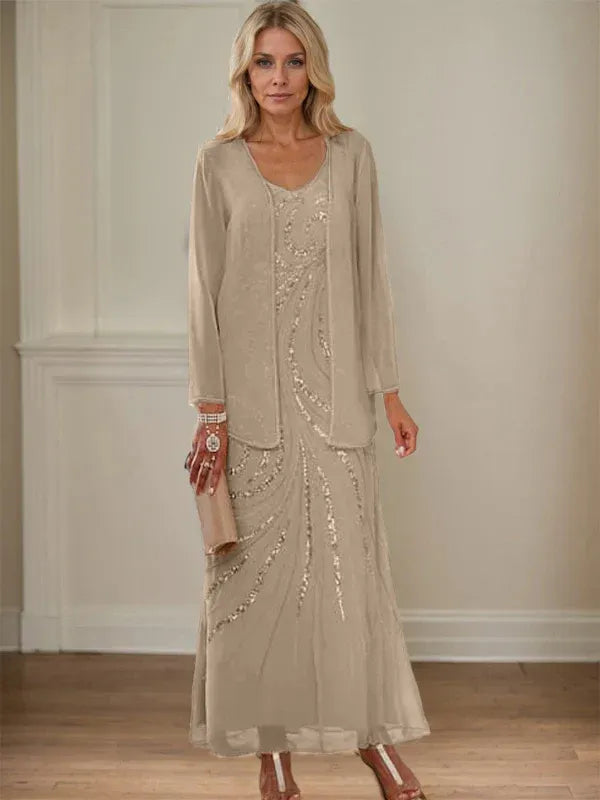 Column V-Neck Ankle-Length Mother of the Bride Dresses with Jacket & Sequins