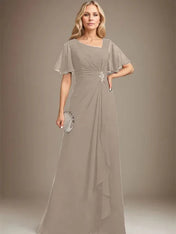 A-line Asymmetrical Floor-Length Chiffon Mother of the Bride Dress With Pleated Beading Sequins