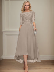 A-line Boat Neck Illusion Asymmetrical Chiffon Lace Mother of the Bride Dress With Sequins Beading