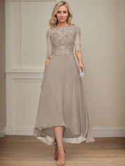 A-line Boat Neck Illusion Asymmetrical Chiffon Lace Mother of the Bride Dress With Sequins Beading