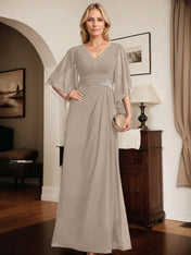 Sheath/Column V-Neck Floor-Length Chiffon Mother of the Bride Dress With Pleated Sequins Beading