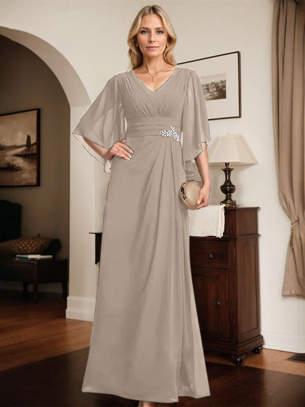 Column V-Neck Floor-Length Chiffon Mother of the Bride Dress With Pleated Sequins Beading