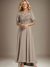 A-line Scoop Illusion Asymmetrical Chiffon Lace Mother of the Bride Dress With Beading