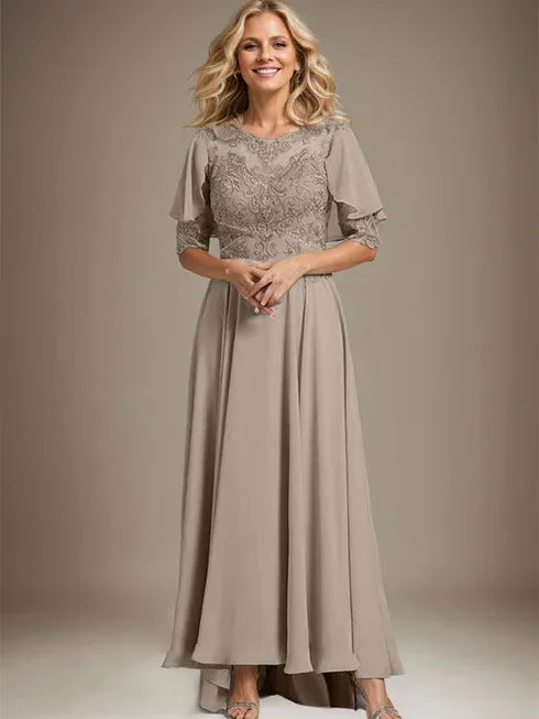 A-line Scoop Illusion Asymmetrical Chiffon Lace Mother of the Bride Dress With Beading