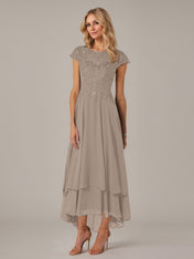 A-line Boat Neck Illusion Asymmetrical Chiffon Lace Mother of the Bride Dress With Applique Pleats