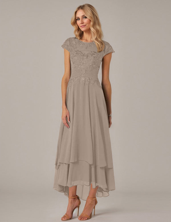 A-line Boat Neck Illusion Asymmetrical Chiffon Lace Mother of the Bride Dress With Applique Pleats