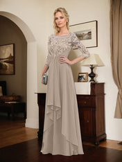 A-line Scoop Illusion Floor-Length Lace Chiffon Mother of the Bride Dress With Cascading Ruffles