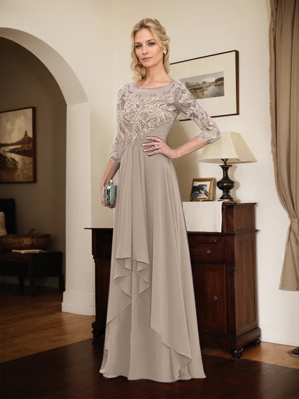 A-line Scoop Illusion Floor-Length Lace Chiffon Mother of the Bride Dress With Cascading Ruffles