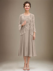 A-line Scoop Tea-Length Lace Chiffon Mother of the Bride Dress With Sequins