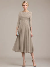 A-line Scoop Tea-Length Lace Chiffon Mother of the Bride Dress