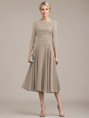 A-line Scoop Tea-Length Lace Chiffon Mother of the Bride Dress