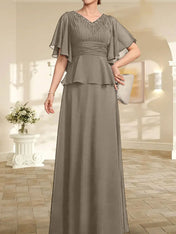A-line V-Neck Floor-Length Chiffon Mother of the Bride Dress With Pleated Beading