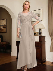 A-line Scoop Illusion Asymmetrical Lace Chiffon Mother of the Bride Dress With Sequins Cascading Ruffles