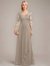 A-line V-Neck Floor-Length Lace Chiffon Mother of the Bride Dress With Cascading Ruffles Sequins
