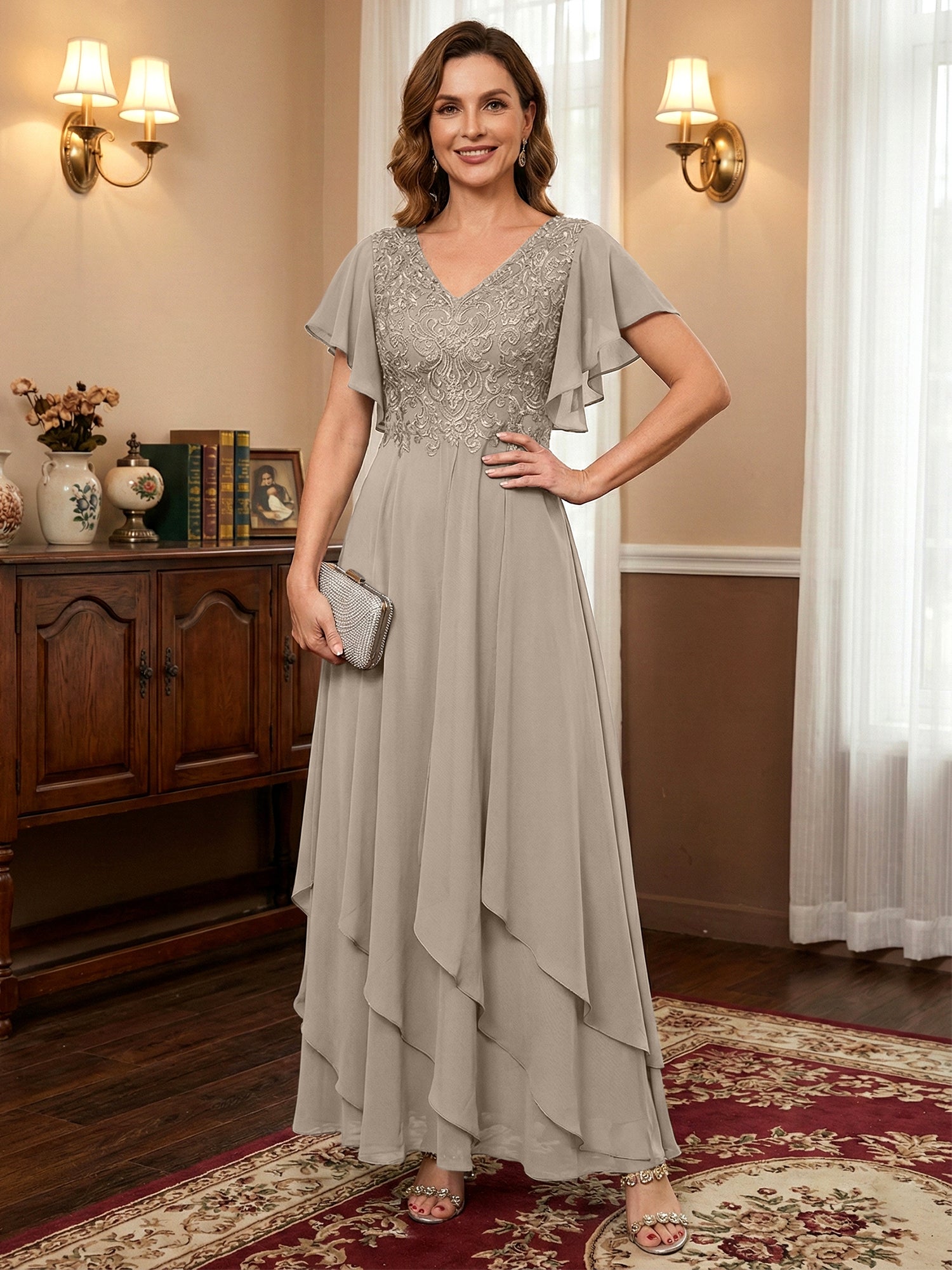 A-line V-Neck Ankle-Length Lace Chiffon Mother of the Bride Dress With Cascading Ruffles