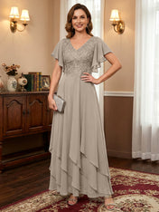 A-line V-Neck Ankle-Length Lace Chiffon Mother of the Bride Dress With Cascading Ruffles