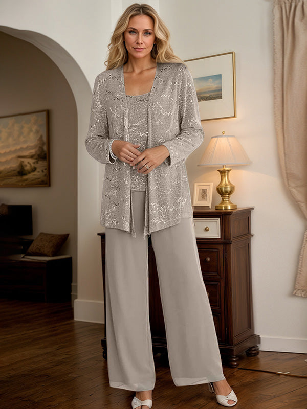 Taupe Chiffon Mother of the Bride Pantsuits with Jacket & Sequins