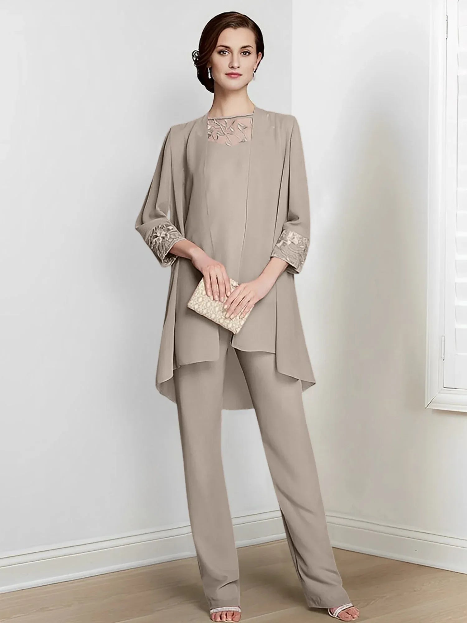 Tailleur-pantalon en mousseline à manches longues pour mère de la mariée avec veste 