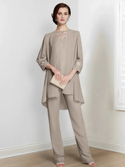 Tailleur-pantalon en mousseline à manches longues pour mère de la mariée avec veste 