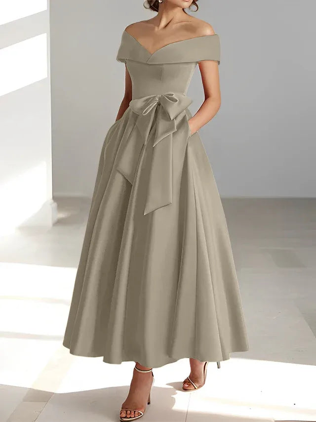 Princess Off-the-Shoulder Sleeveless Ankle-Length Mother of the Bride Dresses with Pockets