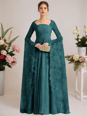 A-line Square Floor-Length Chiffon Lace Evening Dress With Beading Pleated