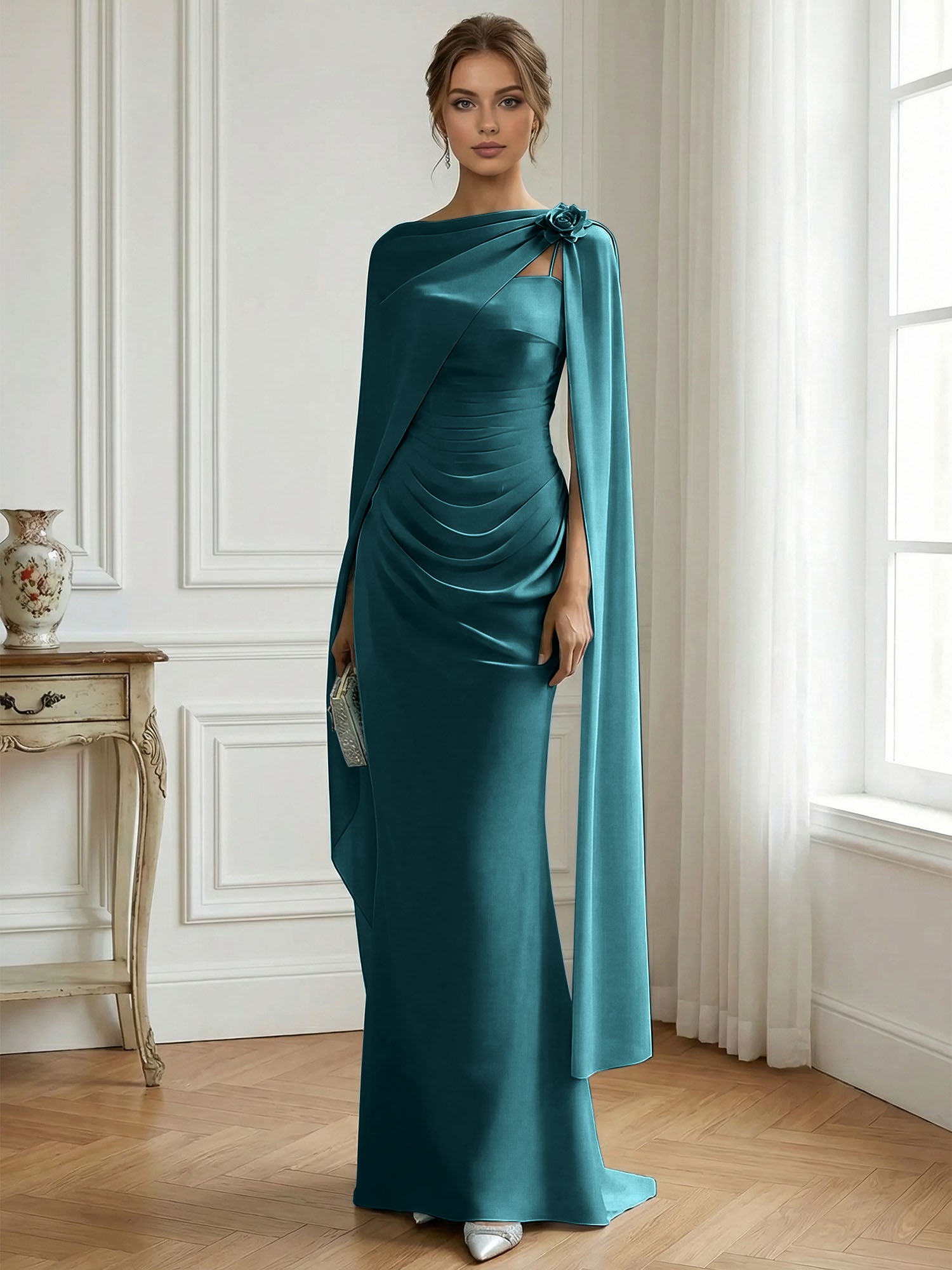 Formal Evening Gown Ice Blue Ruched Satin Maxi Dress with Sheer Floral Cape