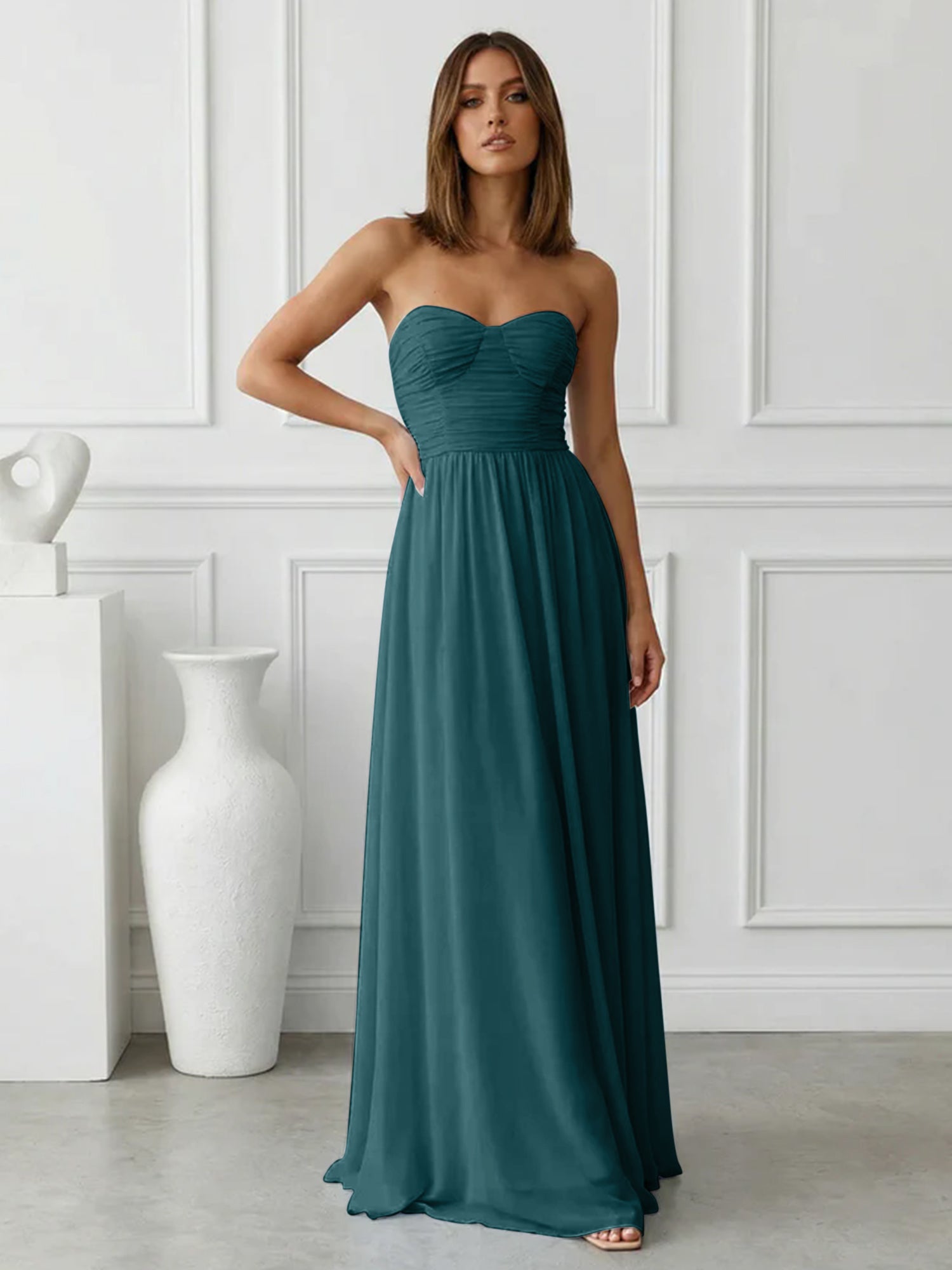 Light Blue Sweetheart Chiffon A Line Maxi Dress with Pleat