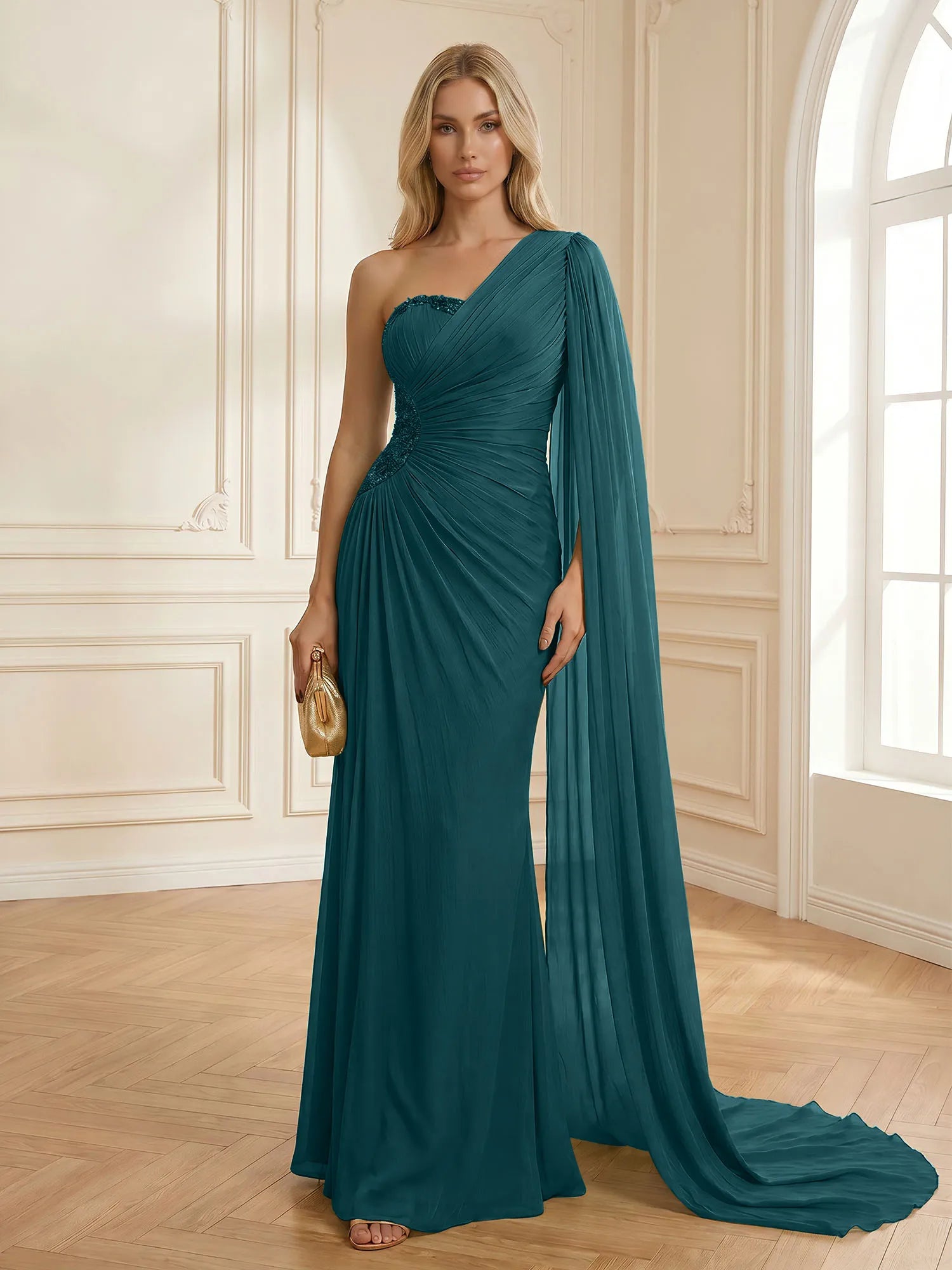 Sage Green One Shoulder Beaded Evening Gown with Cape Sleeve