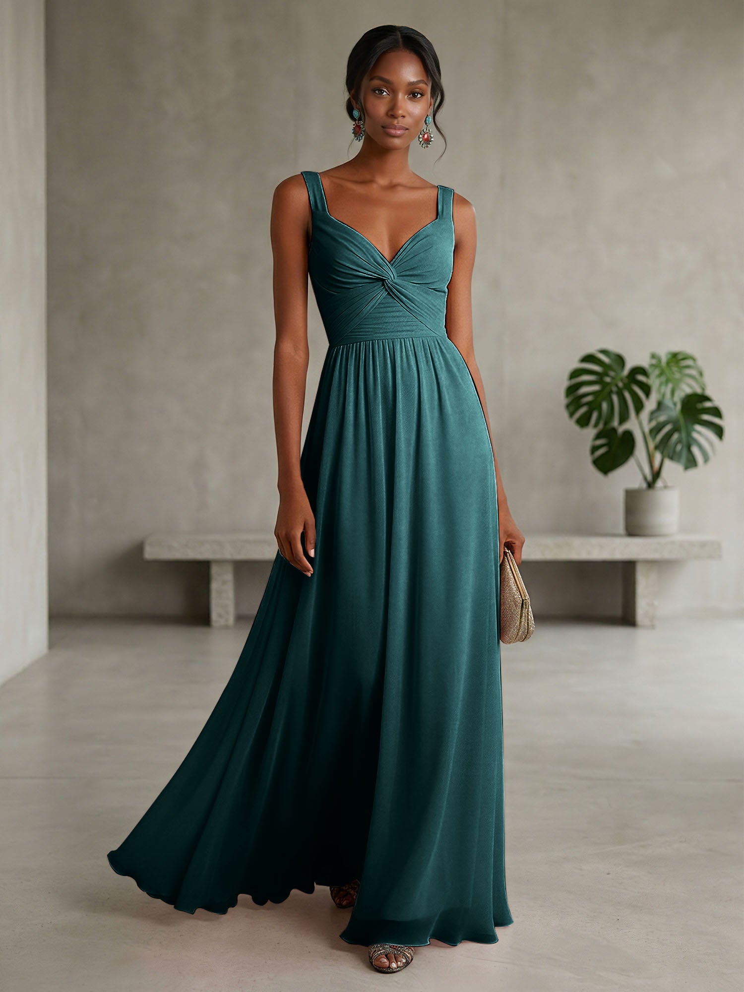 Elegant Soft Blush Twist-Front Chiffon Maxi Gown