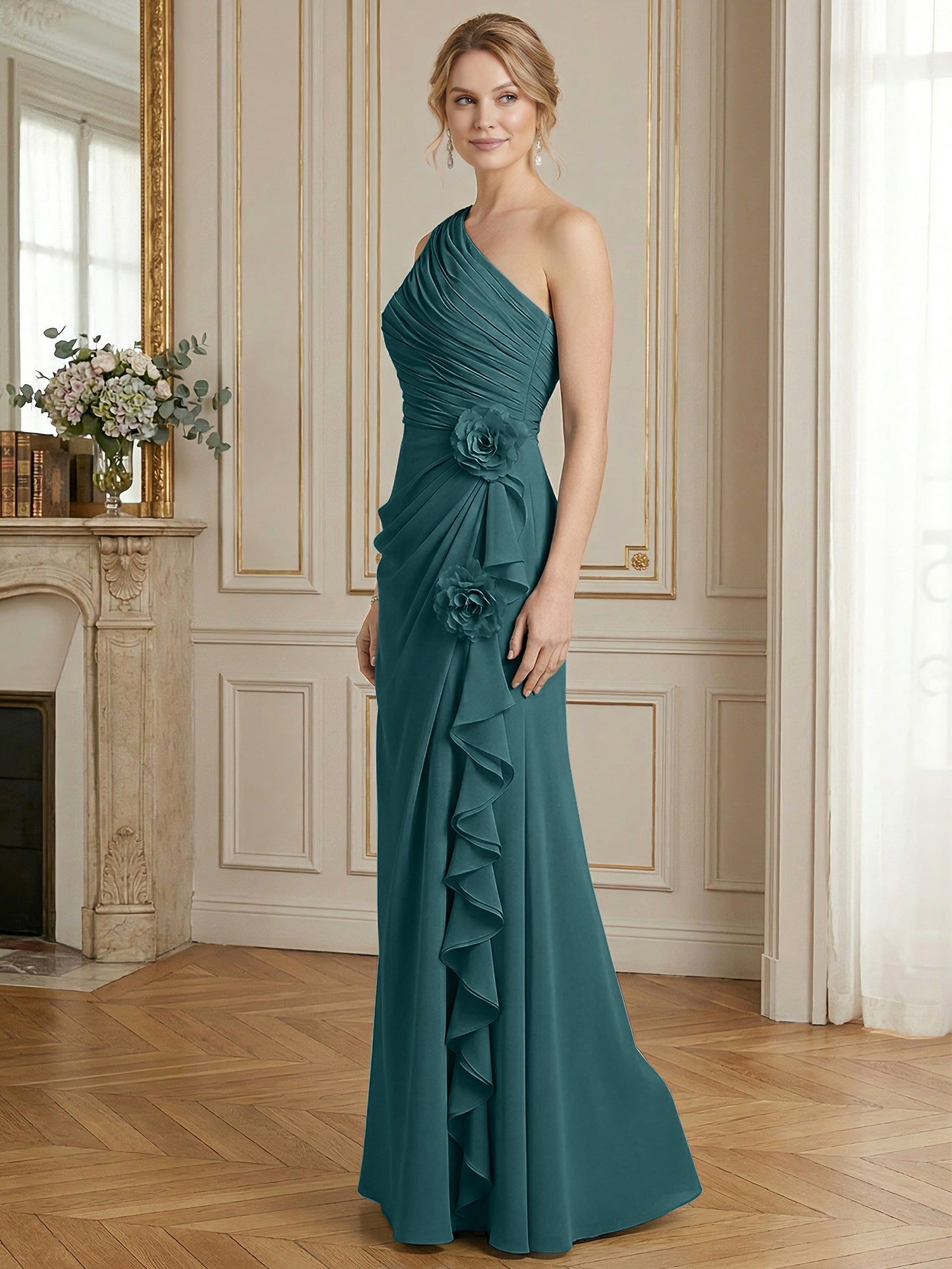 Dusty Blue One-Shoulder Ruched Floral Maxi Dress Gown