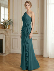 Dusty Blue One-Shoulder Ruched Floral Maxi Dress Gown