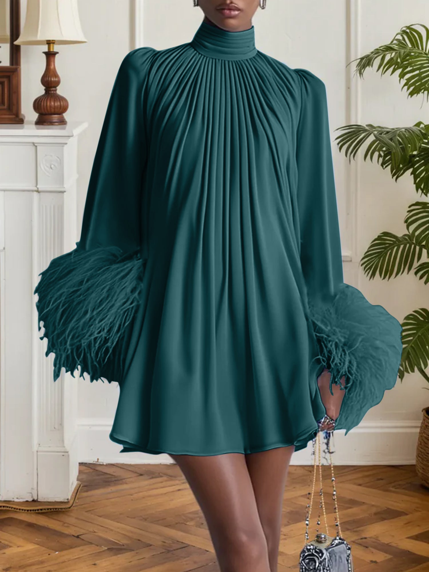 Blue Feather Ruched Chiffon Mock Neck Long Sleeve A-Line Mini Dress